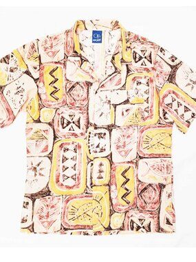Vintage OP Ocean Pacific Men's Hawaiian Tiki Cotton Fish Sun Print Shirt M